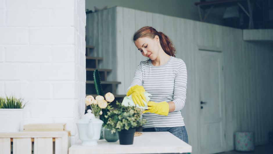 A woman wearing a white and grey striped long-sleeve shirt and yellow rubber cleaning gloves is engaged in surface cleaning inside a modern, well-lit room. She is wiping a decorative potted plant on a
